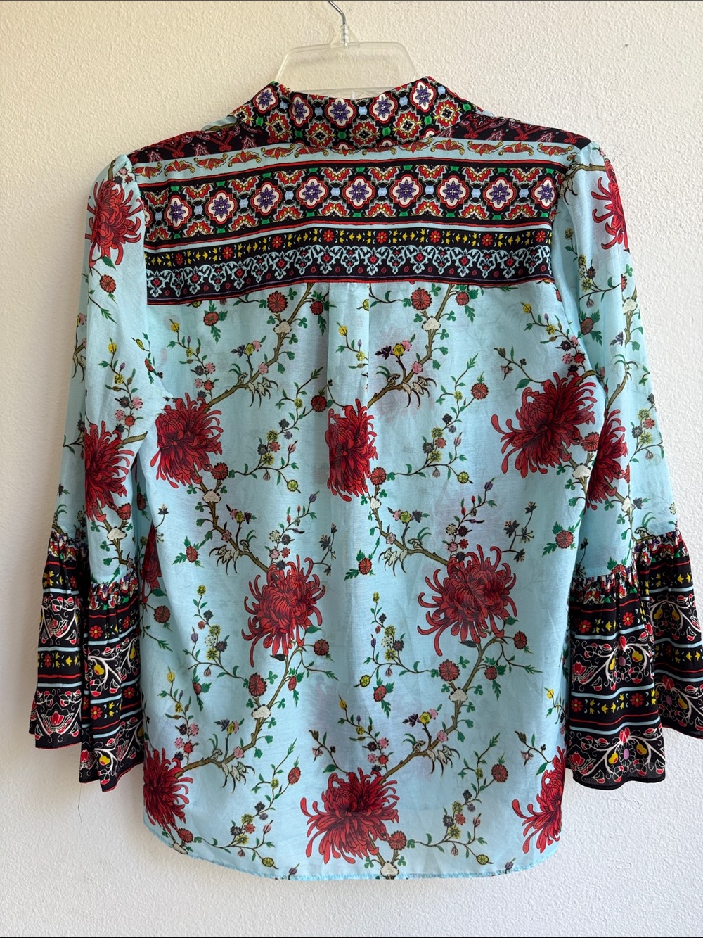 Alice + Olivia Rana Blue Floral Silk-Cotton Ruffle Sleeve Blouse XS - Picture 6 of 8